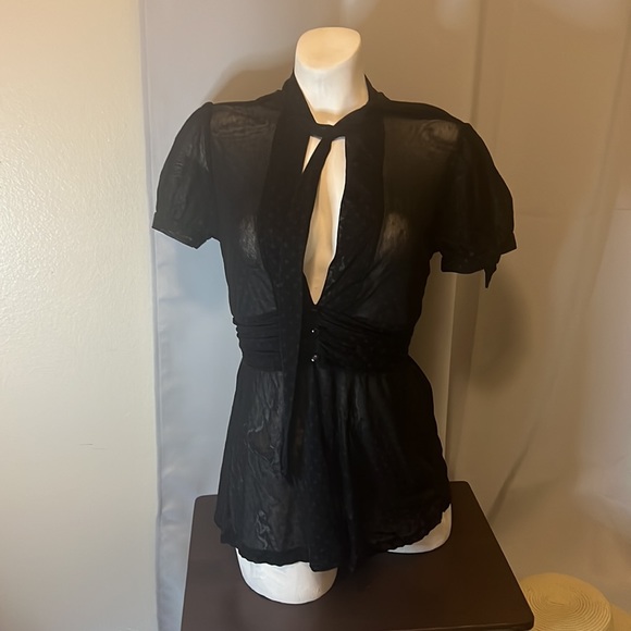 Women’s black sheer polka dot blouse with tie strings on the neck for bow - Picture 7 of 13